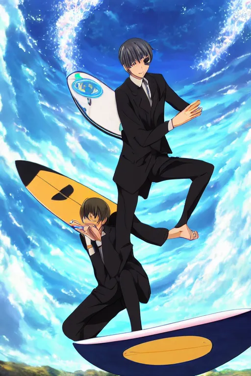 Prompt: anime guy in formal suit surfing through a wormhole using a high technology surfboard, wlop, trending on artstation, deviantart, anime key visual, official media, professional art, 8 k uhd