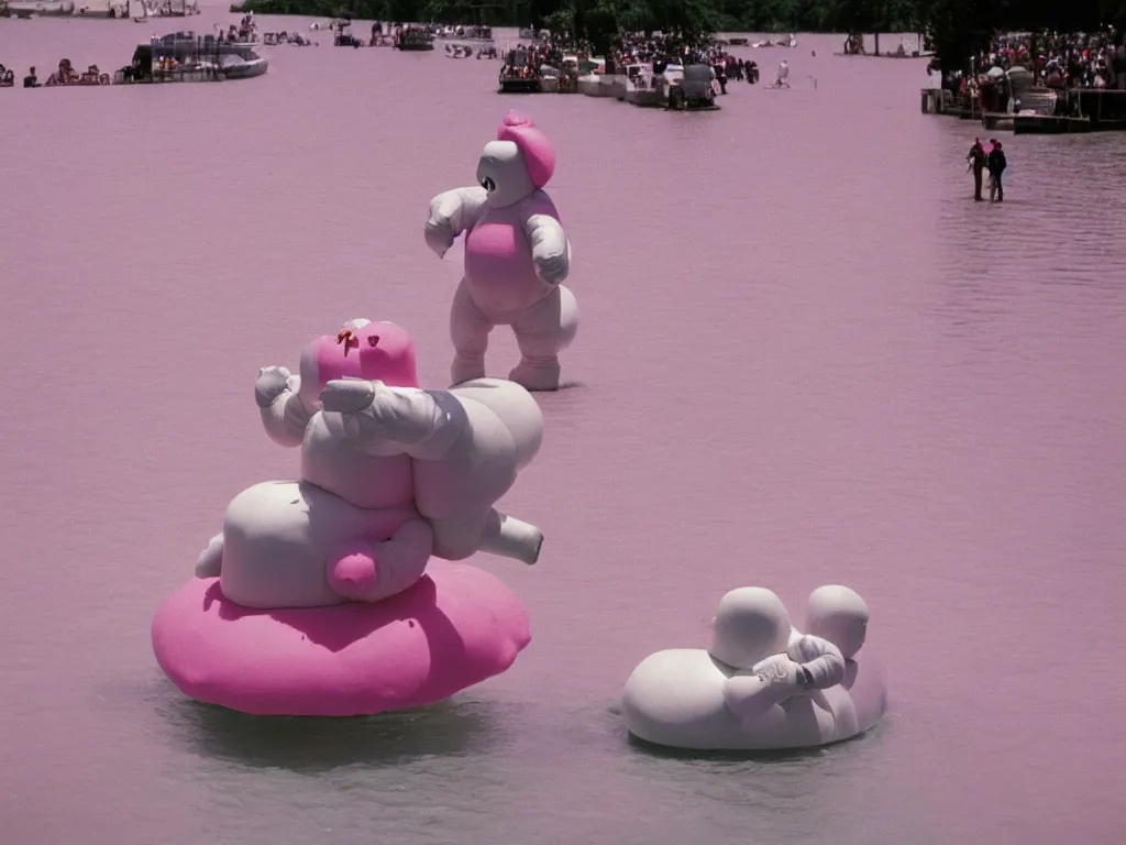 Image similar to 3 5 mm kodachrome colour photography of michelin man and stay - puft marshmallow man dancing in a pink lake, taken by harry gruyaert