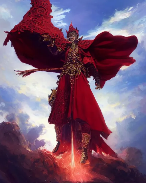 Prompt: A Full View of a Red Mage wearing magical ornate armor and a feathered hat surrounded by an epic cloudscape. Magus. Red Wizard. Fantasy Illustration. masterpiece. 4k digital illustration. by Ruan Jia and Mandy Jurgens and Artgerm and greg rutkowski and Alexander Tsaruk and WLOP and Range Murata, award winning, Artstation, art nouveau aesthetic, Alphonse Mucha background, intricate details, realistic, panoramic view, Hyperdetailed, 8k resolution, intricate art nouveau