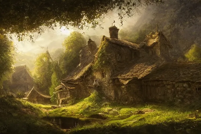 Image similar to a medieval farm with a stream in a forested valley by jessica rossier and brian froud cinematic painting