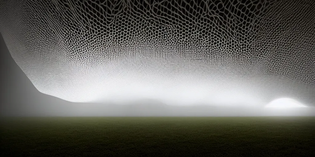 Prompt: white honeycomb organic illuminated building with warm illumination inside by ernesto neto sits on the field evening atmosphere in low fog, 4 k, insanely quality, highly detailed, film still from the movie directed by denis villeneuve with art direction by zdzisław beksinski, telephoto lens, shallow depth of field