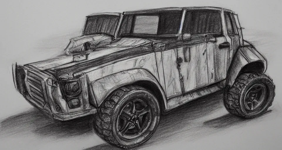 Image similar to graphite drawing of a stylized cartoony fury road car