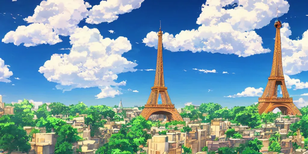 Image similar to a view on eiffel tower with amazing clouds and blue sky, in the style of makoto shinkai anime and studio ghibli anime, colorful, romantic, 4 k resolution,