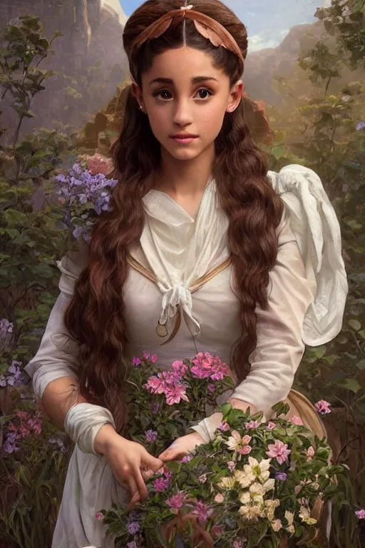 Image similar to beautiful cottagecore Ariana Grande holding a skin colored vase. intricate, elegant. the background is made of human bodies !. highly detailed, digital painting, artstation, concept art, smooth, sharp, focus, illustration. . art by artgerm and greg rutkowski and alphonse mucha