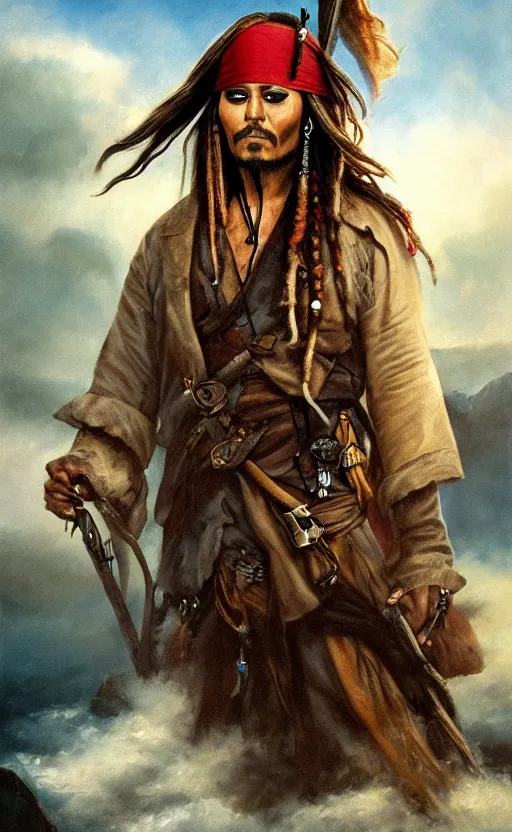 Image similar to a beautiful painting of jack sparrow in the style of wanderer above the sea of fog, featured on artstation