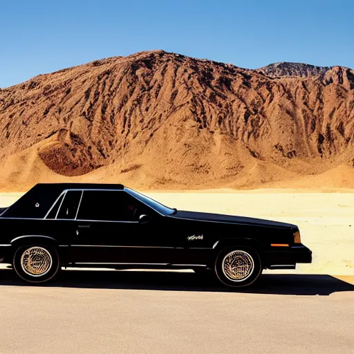 Prompt: a black 1990 Thunderbird super coupe driving on a desert highway