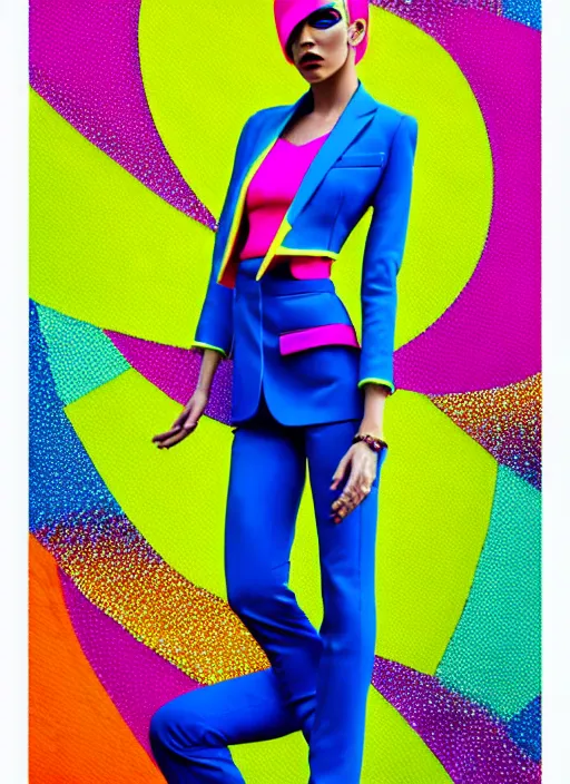 Image similar to bright trouser suit for a rave, bright colors, many details, prints, photo for a magazine, photo for a store, fashion photography, Vogue, 135 mm, cinematic, hyper realism, high detail, 8k, Two models in the frame, dynamic pose,Smooth skin, perfect face