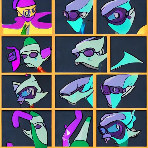 Image similar to character design sheets for a nonbinary gothic manta ray person who sells empty spray paint cans as a scam and is always covered in paint and clay and acting shady, designed by splatoon nintendo, inspired by tim shafer psychonauts 2 by double fine, cgi, professional design, gaming