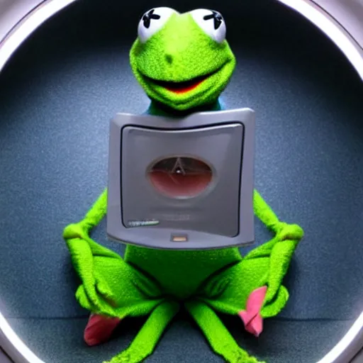 Image similar to screaming Kermit the Frog trapped inside an MRI machine