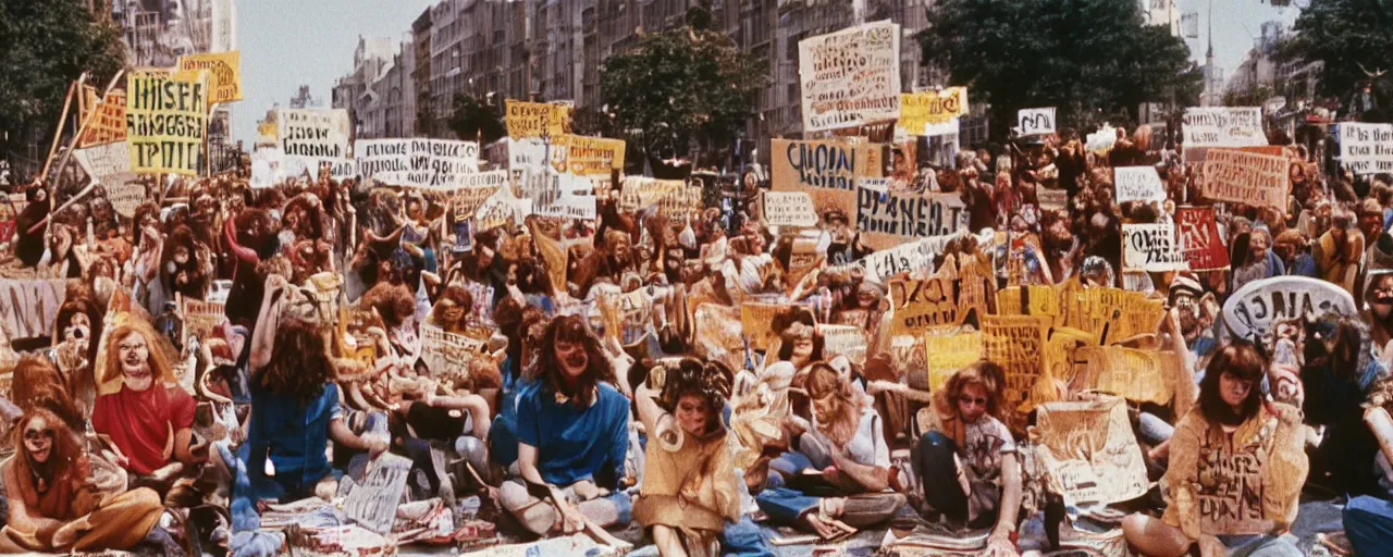 Prompt: hippies protesting with spaghetti signs, 1 9 6 0's,, high detail, canon 5 0 mm, wes anderson film, kodachrome