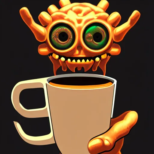 Image similar to monster coffee machine with hands and eyes drink cappuccino, 8 k, details, artstation trends, cyberpunk concept art