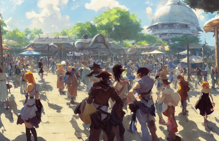 Image similar to greg manchess concept art of the millennial fair from chrono trigger, outdoor fairgrounds, striped pavillions, leene's bell, key visual, ambient lighting, highly detailed, digital painting, artstation, concept art, sharp focus, by makoto shinkai and akihiko yoshida and hidari and wlop and greg rutkowski