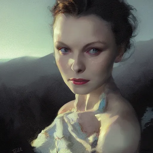 Prompt: closeup portrait of a young vivian leigh, dramatic light, gorgeous view, depth, high detail, digital art, painted by greg rutkowski and seb mckinnon, by tim burton, trending on artstation