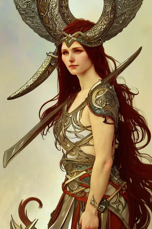 Image similar to Cristina Ricci as an Viking warrior angel, fantasy, intricate, elegant, highly detailed, digital painting, artstation, concept art, smooth, sharp focus, illustration, art by alphonse mucha