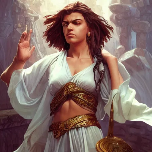 Prompt: dnd character concept portrait, arrogant ancient greek philosopher debating, detailed, high quality, dynamic lighting, fantasy, artwork by artgerm, wlop, alex ross, greg rutknowski, alphonse mucha