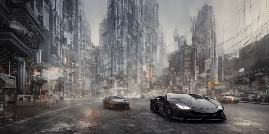 Prompt: black lego lamborghini in a future city. metabolism japanese architecture. soft light. cinematic. intricate. mist. low angle wide shot. highly detailed. matte painting in the style of thu berchs. octane render. 8 k. trending on artstation