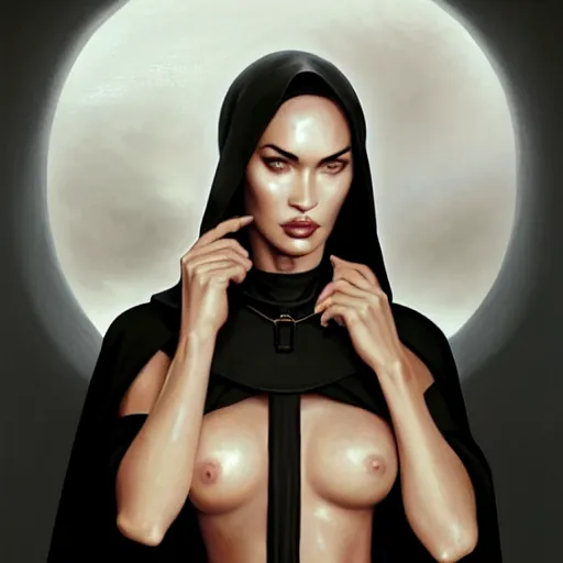 Image similar to portrait of megan fox as a nun, in tight black robe, muscular upper body, collar, greek, jewelry, black dress, fantasy, intricate, elegant, highly detailed, digital painting, artstation, concept art, matte, sharp focus, illustration, art by aenaluck and roberto ferri and greg rutkowski, epic fantasy, digital painting