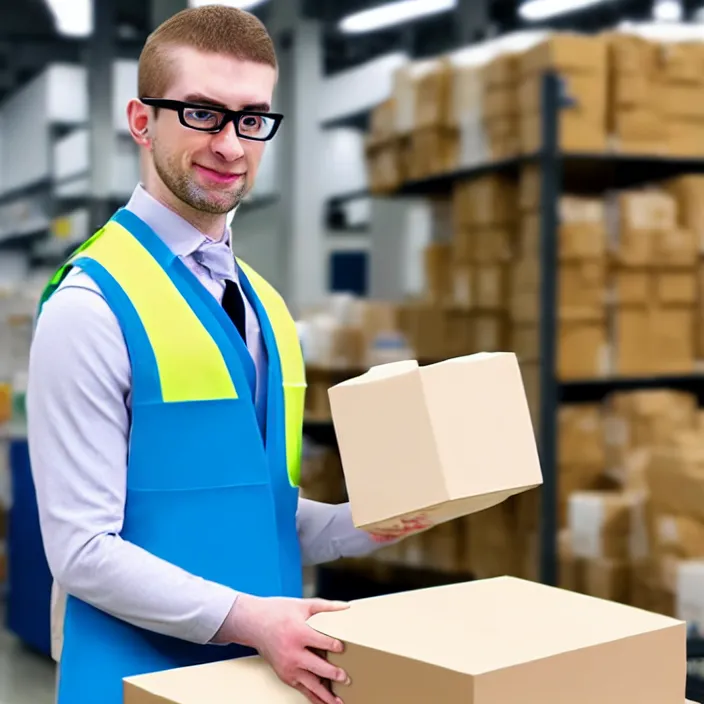 Prompt: hyperrealistic photo of a pale white amazon male employee sorting packages, wearing a vest, with square glasses,