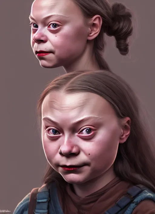 Image similar to portrait of greta thunberg as a cute medieval goblin girl with lipstick and long eyelashes, beautiful face, hyper realistic, highly detailed, digital painting, artstation, illustration, concept art by hyung tae and frank frazetta, digital paint, matte paint, washed colors, dark, gloomy