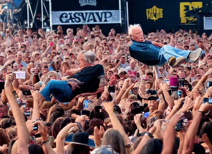 Image similar to photo still of clint eastwood on stage at vans warped tour!!!!!!!! at age 6 8 years old 6 8 years of age!!!!!!!! stage diving into the crowd, 8 k, 8 5 mm f 1. 8, studio lighting, rim light, right side key light