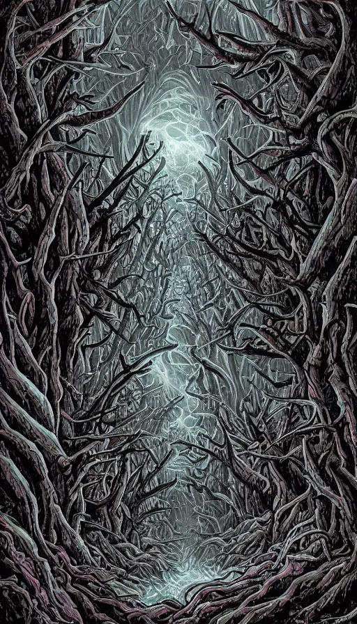 Image similar to a storm vortex made of many demonic eyes and teeth over a forest, by dan mumford,