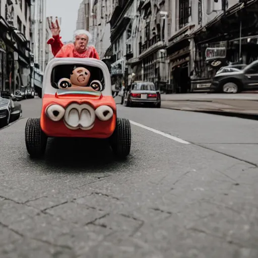 Prompt: elderly woman as a toy car, canon eos r 3, f / 1. 4, iso 2 0 0, 1 / 1 6 0 s, 8 k, raw, unedited, symmetrical balance, wide angle