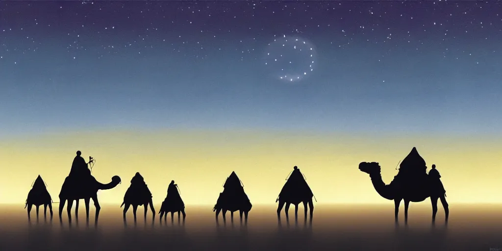 Image similar to a cell - shaded studio ghibli concept art of a hovering ufo shining a spotlight on a camel caravan in a flooded stonehenge desert on a misty starry night. very dull colors, hd, 4 k, hq