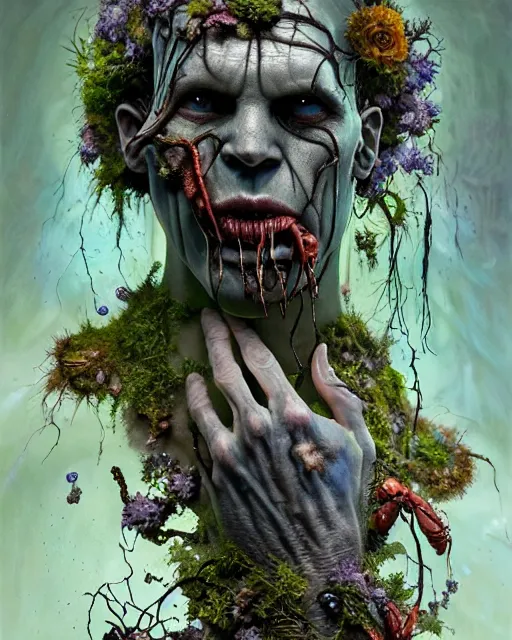 Image similar to the platonic ideal of flowers, rotting, moss, insects, pearls and praying of cletus kasady ultimate carnage thanos dementor doctor manhattan chtulu nazgul davinci, detailed, intricate, hyperrealism, cinematic composition, intense, scary, decay, dmt, art by brock hofer and artgerm and greg rutkowski and alphonse mucha