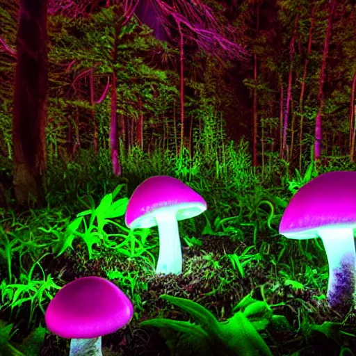 Prompt: overgrown forest, phosphorescent mushroom glowing in the dark, bright colors, sylvan aesthetic