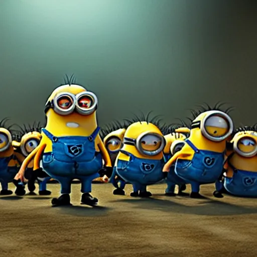 Image similar to POV of a group of minions chasing you angrily. The minions are carrying torches and pitchforks. The minions are angry. concept art, sharp lighting, 4k, detailed, Peter Jackson, Ridley Scott, bright colors