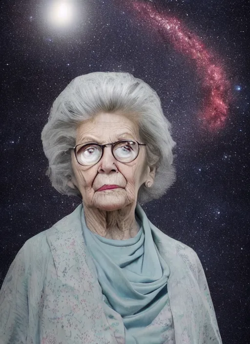 Prompt: a hyper realistic ultra realistic photograph of the 1000 foot tall grandma, highly detailed, 8k photo, meteor, death stare