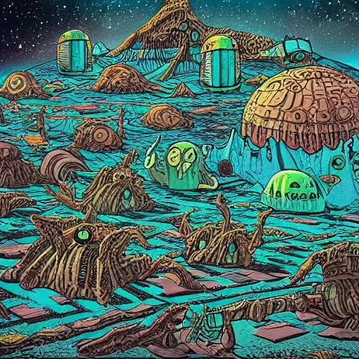 Image similar to extraterrestrial tribe village on ancient post - apocalyptic planet, jim henson creature shop, fantastic planet, robert crumb, graphic, depth of color and shadow, gooey, textured, vivid, cinematic, rough paper, illustration