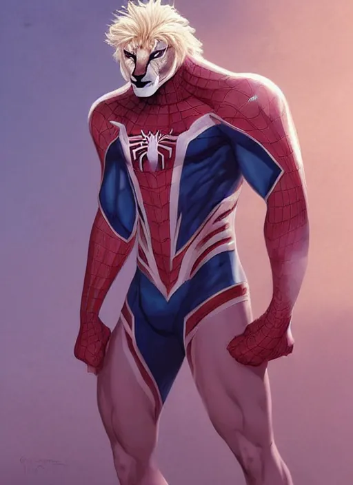 Prompt: aesthetic portrait commission of a of a male fully furry muscular anthro albino lion wearing an attractive sci-fi cybperpunk Spiderman suit with a tail and a beautiful attractive hyperdetailed face at golden hour. Character design by charlie bowater, ross tran, artgerm, and makoto shinkai, detailed, inked, western comic book art, 2021 award winning film poster painting