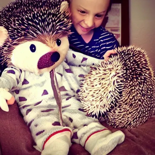 Prompt: hedgehog in pyjamas with hedgehog