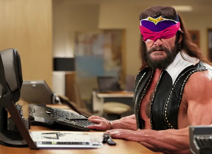 Image similar to film still of Macho Man Randy Savage on a computer in the new Wolf of Wallstreet movie, 8k