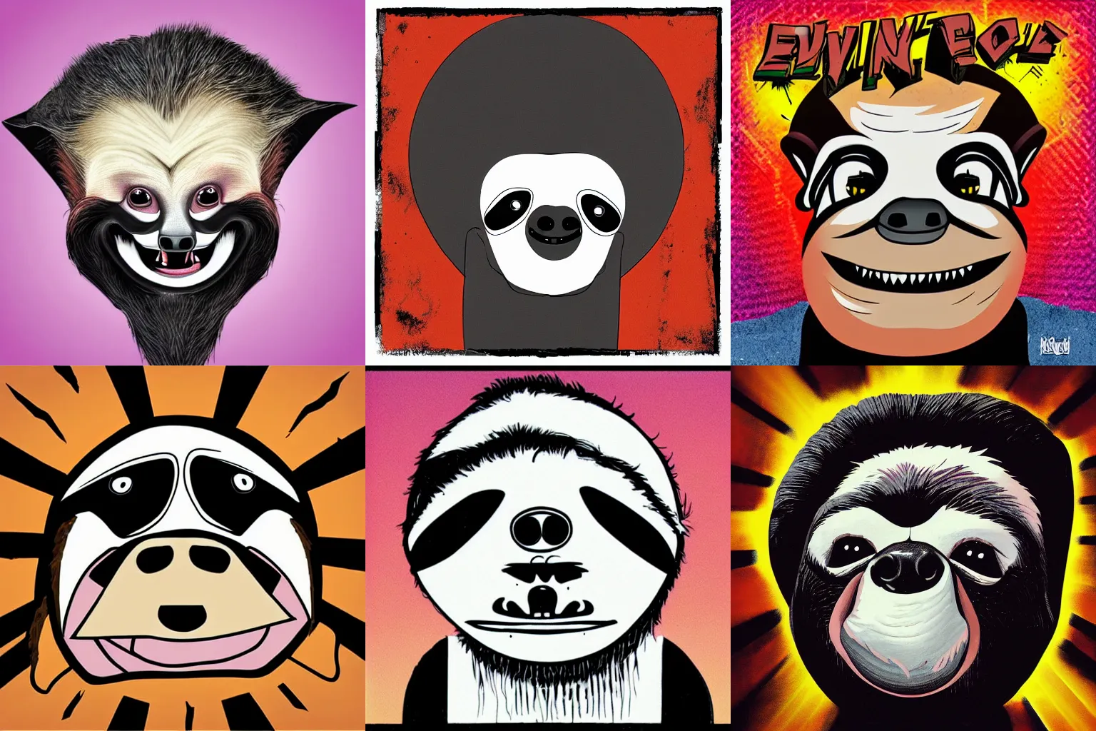 Prompt: evil cartoon sloth head, punk album cover