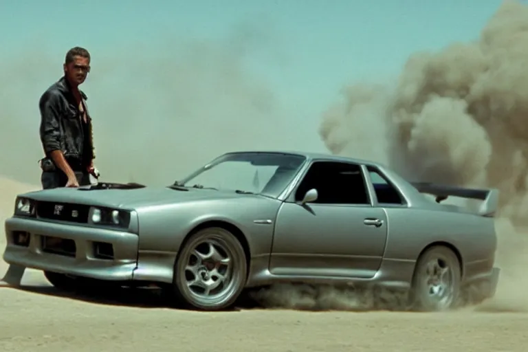 Image similar to Paul Walker driving in Mad Max Road Warrior, rusted, cobbled together Nissan R34 GTR, movie still, cinematic Eastman 5384 film