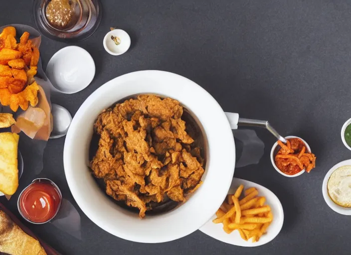 Prompt: top angled photograph of a bowl filled with strange greasy food sitting next to a monitor, poor lighting, photorealistic, dark, junk on desk