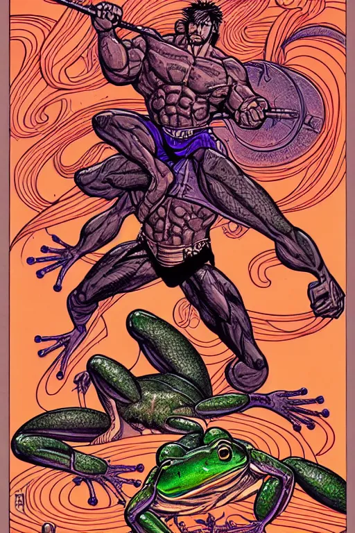 Image similar to illustration of a buff man riding a frog, lightning and static surges around him, intricate linework, in the style of moebius, ayami kojima, 1 9 9 0's anime, retro fantasy