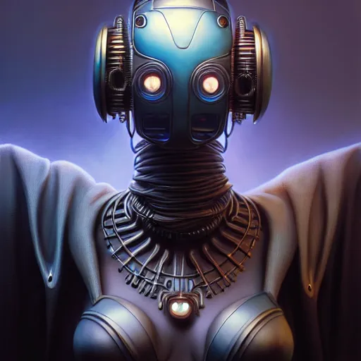 Image similar to low angle shot of a cyberpunk gazmask robot character, intricate, elegant, highly detailed, centered, digital painting, artstation, concept art, front shot, smooth, sharp focus, illustration, artgerm, Tomasz Alen Kopera, Peter Mohrbacher, donato giancola, Joseph Christian Leyendecker, WLOP, Boris Vallejo