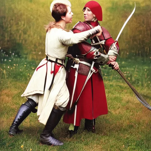 Prompt: Joan of Arc fighting an English Redcoat soldier, colour war photography by Annie Leibovitz