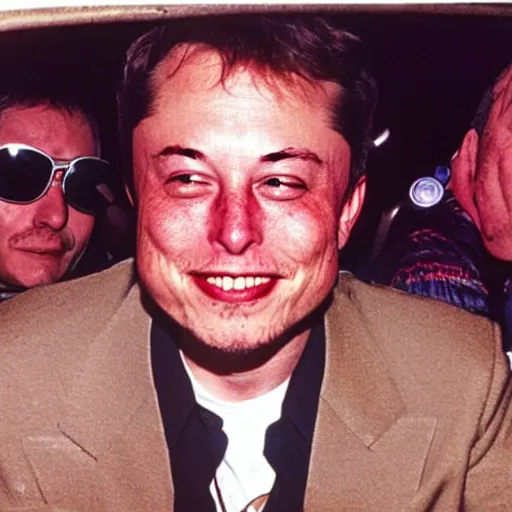 Image similar to retro photo of drunked elon musk aka bus driver in bus by hunter thompson, fear and loathing in las vegas style