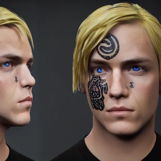 Prompt: detailed unreal engine 5 render of a blonde boy with face tattoos