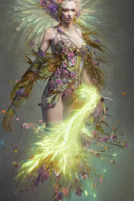 Image similar to beautiful girl witch - doctor exploding into flowers electricity crystal dress, angels, 3 d render, hyper - realistic detailed portrait, holding electricity and birds, ruan jia, wlop. scifi, fantasy, magic the gathering, hyper detailed, octane render, concept art by artgerm, peter mohrbacher