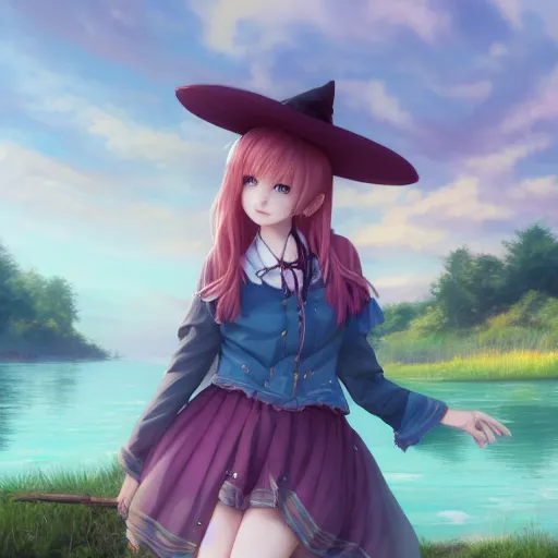 Image similar to a very beautiful anime girl, cottagecore witch, rosy hair, teal clothing, summer lake setting, highly detailed, trending on Artstation, Unreal Engine 4k, cinematic wallpaper by Stanley Artgerm Lau, WLOP, Rossdraws, James Jean, Andrei Riabovitchev, Marc Simonetti, and Sakimichan