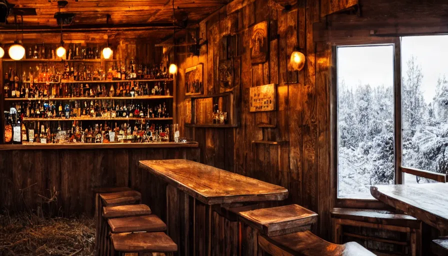 Image similar to empty cozy bar in small shack, rustic, warm, outside winter landscape