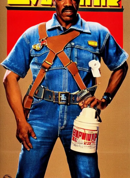 Image similar to an 8 0's john alvin action movie poster starring eddie murphy face as a plumber to rich people. bathroom. overalls. tool belt. the movie is called beverly hills crap