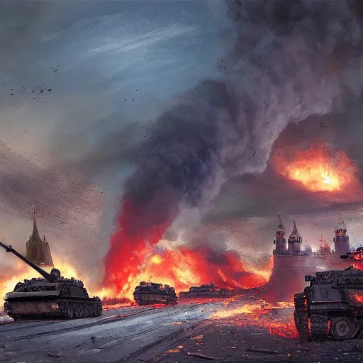 Prompt: Tank battle in the Moscow Kremlin, amid destruction and fire by Greg Rutkowski