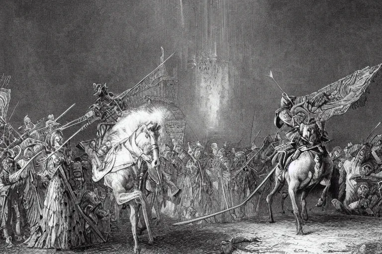 Image similar to highly detailed big opened book don quixote goes away from it, masterpiece, highly detailed painting by gustave dore