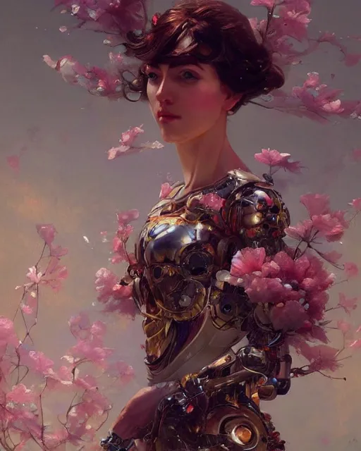 Prompt: 4k cinematic full view elegant robot wearing floral floaty attire by Ruan Jia by Greg Rutkowski, by J. C. Leyendecker and Edmund Blair Leighton and Charlie Bowater, art nouveau style, detailed and realistic, poetic and symbolic, Artstation